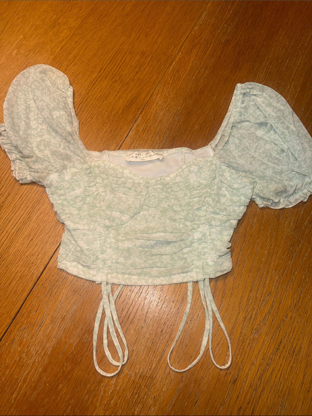 American Threads Light Mint Floral Puff-Sleeve Tie-Front Crop Top